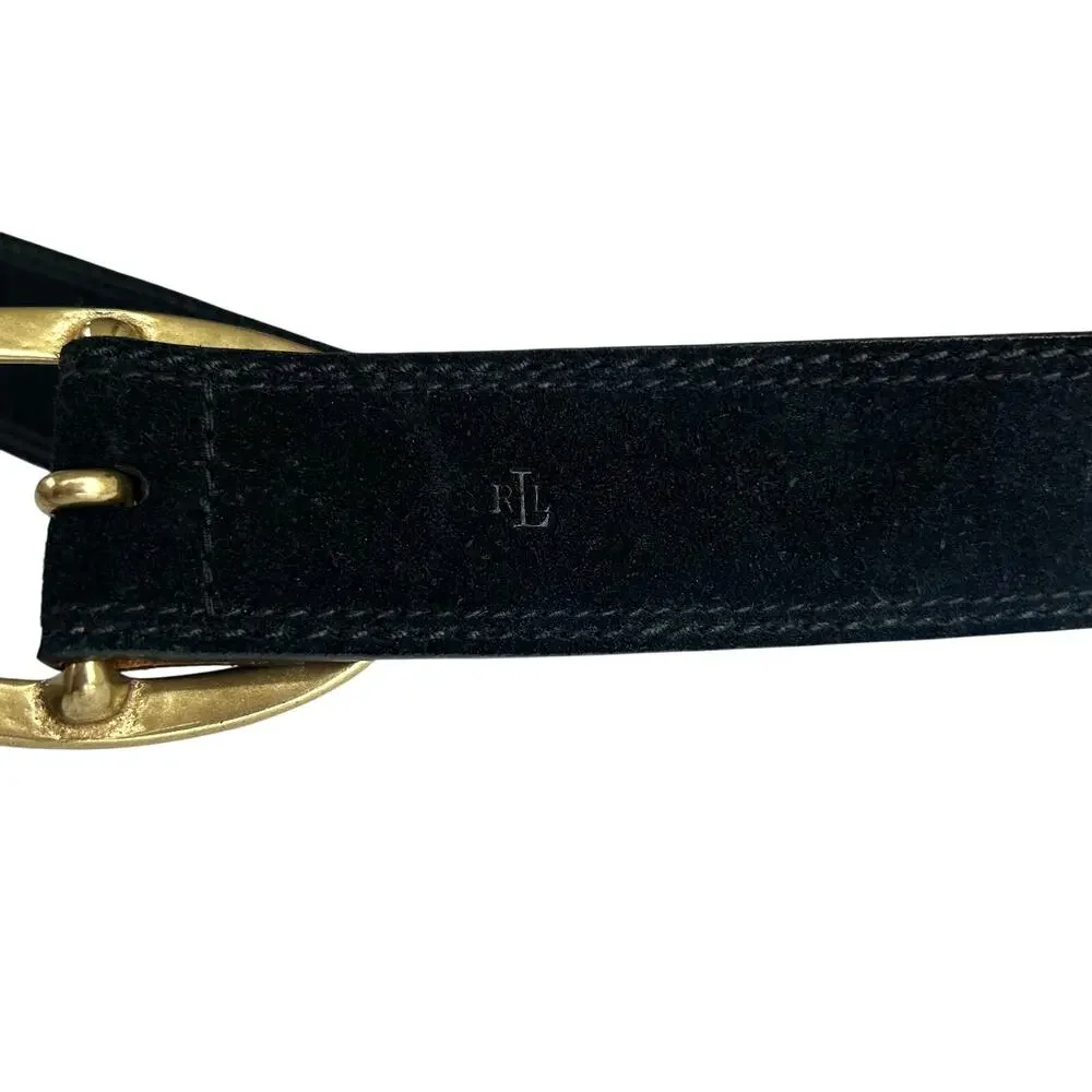 Lauren Ralph Lauren Black Suede Leather Belt Solid Brass Oval Buckle Size Medium